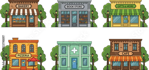 Colorful cartoon illustration of small town shops including bakery, bookstore, gift shop, pizzeria, pharmacy and café, charming storefront collection design