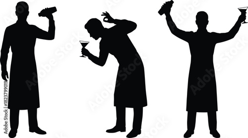 Silhouette bartenders mixing cocktails with shakers and martini glasses in dynamic professional poses for bar service, drink preparation, nightlife illustration