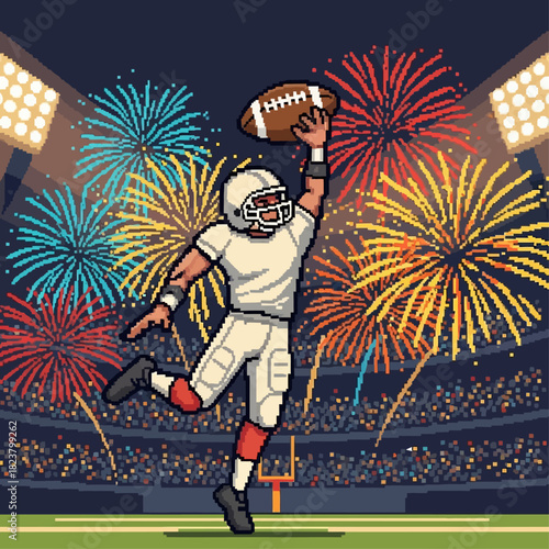 Pixel Art Football Player Celebration at Stadium with Fireworks