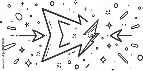 Black and white hand drawn explosion with arrows and abstract shapes comic