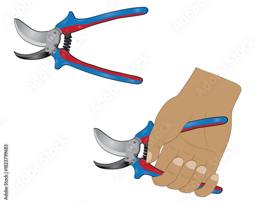vector design of a hand and a scissor-like tool called bahco puning shears in red and blue for cutting plants including their branches, stems or leaves, generally used in gardens and parks