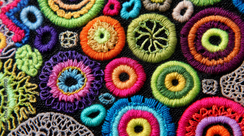 Colorful abstract biological cells pattern on black fabric background