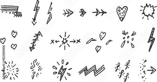 Collection of hand drawn black ink doodle icons and symbols on white background arrow lightning