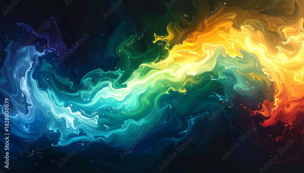 Fototapeta premium Abstract swirling colorful fluid art, vibrant waves of blended hues against dark background.