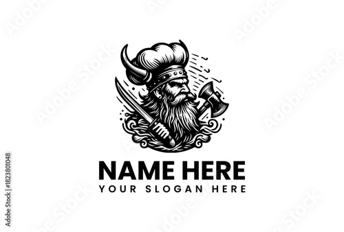 Viking chef with a horned helmet and toque holding a knife and axe, a vintage hand-drawn warrior cook mascot vector logo illustration for a restaurant. 39