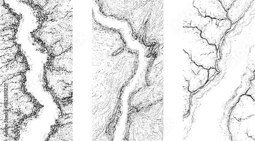 Three abstract black and white line art representations of winding rivers or canyons with textured banks