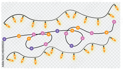 Colorful string lights with round bulbs on transparent background