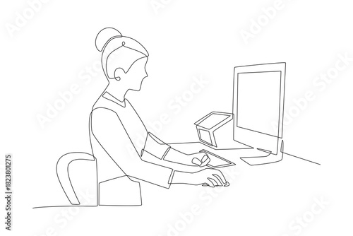 People with a desktop setup in bedroom concept one-line drawing
