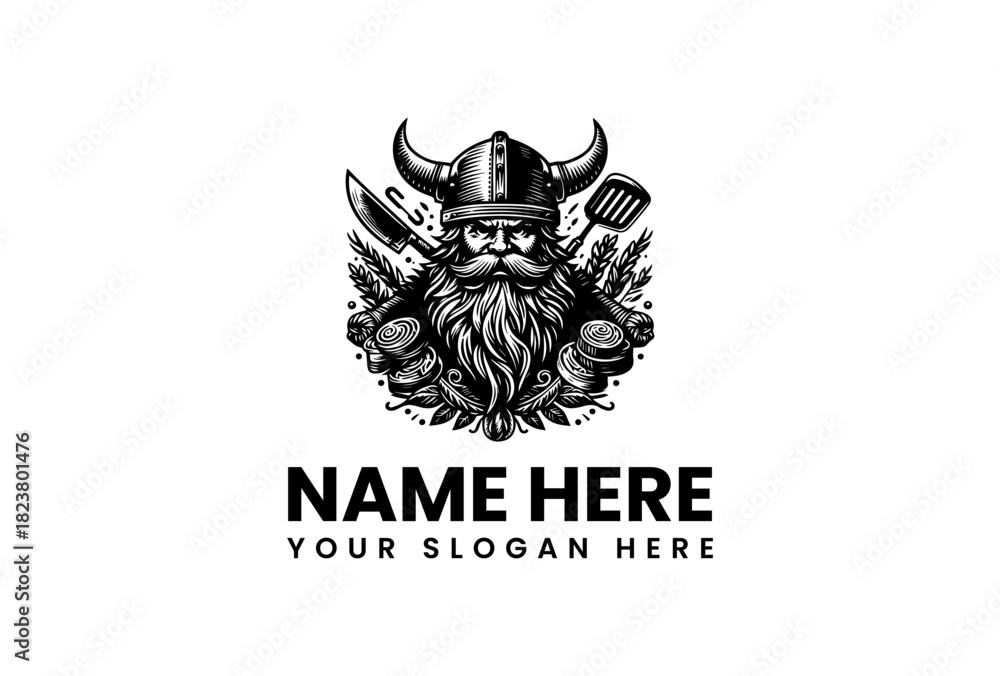 Obraz premium Viking Barbecue vector logo illustration with grilling tools and horns