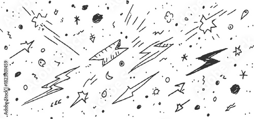 Black hand drawn lightning bolts stars and dots on white background shooting comet