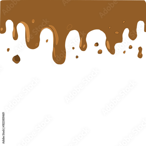 Melted chocolate dripping on white. Brown cocoa blend with milk tones. Smooth liquid drip texture.