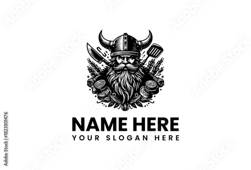 Viking Barbecue vector logo illustration with grilling tools and horns