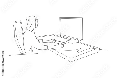 People with a desktop setup in bedroom concept one-line drawing