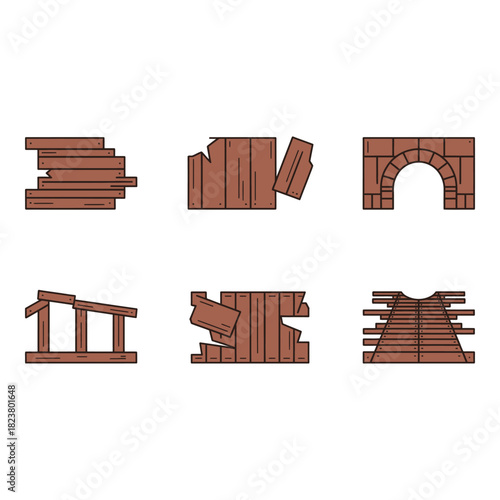 Collection of rustic wooden structures and building elements