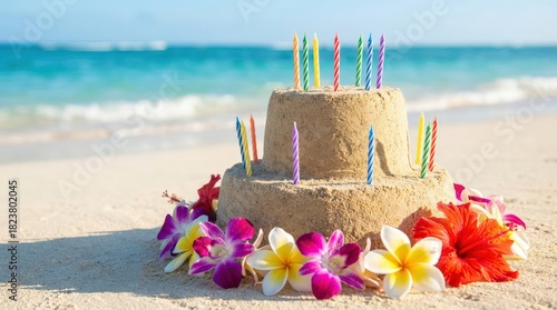 Sandcastle birthday cake on a tropical beach with colorful candles and flowers