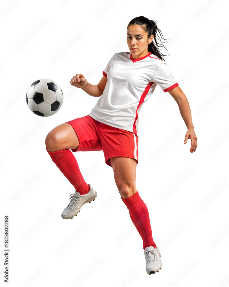 Naklejka premium Pro female soccer player doing a ball control on isolated background