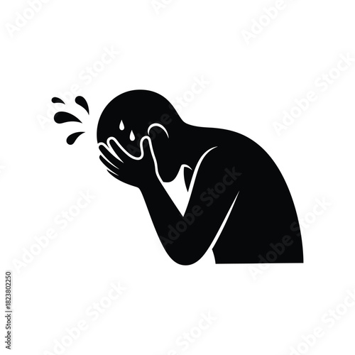 Silhouette of a person crying, hands covering face, tears streaming down, conveying sadness, grief, and emotional distress, isolated graphic