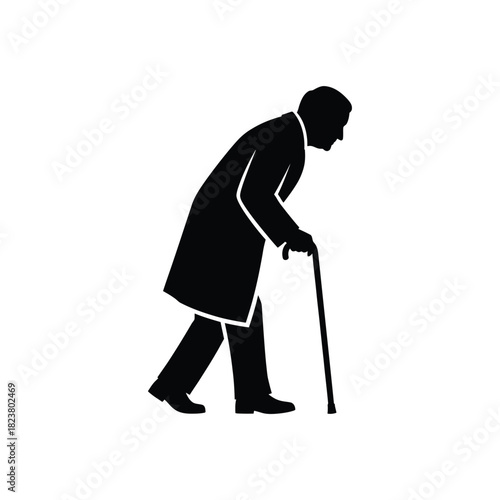 Silhouette of an elderly man walking with a cane, representing aging, support, and a slow, steady journey through life, isolated on white.