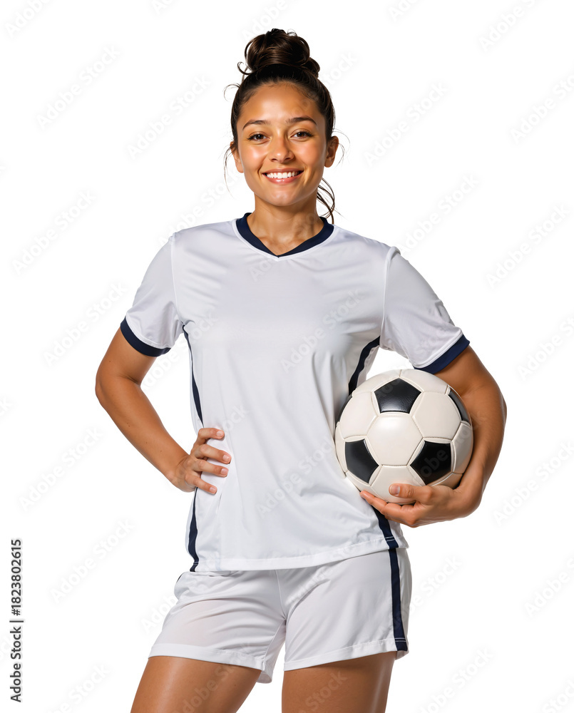 Fototapeta premium female soccer player in white kit with relaxed pose holding a ball on her hand