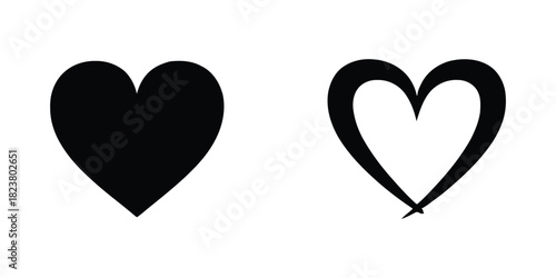 Two heart shapes, one solid black and one outlined in black, isolated on a clean white background, representing love and cardiology.