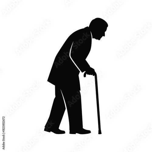 Silhouette of an elderly man in a suit walking with a cane, isolated on a white background, representing aging and support.