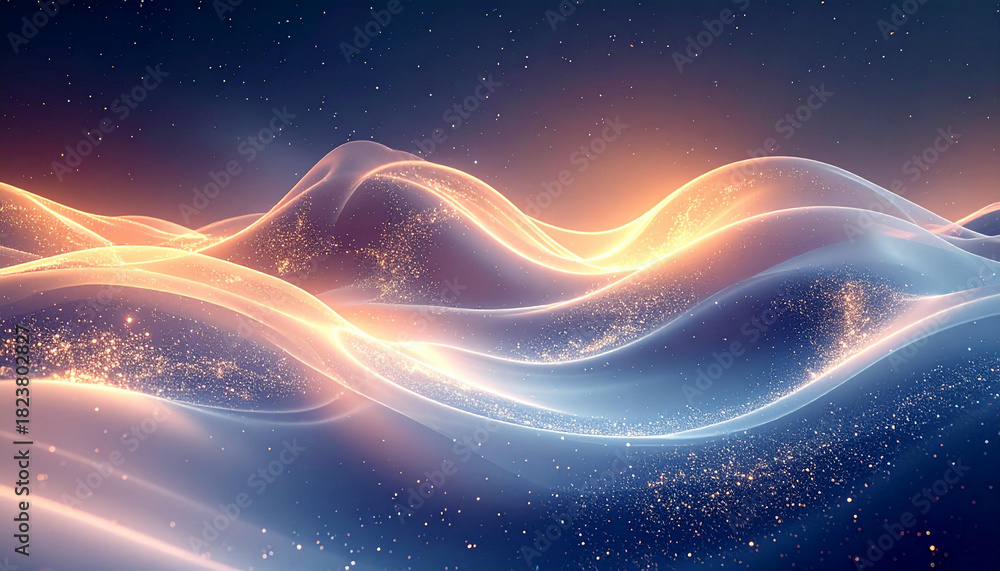 Obraz premium Abstract waves of light flow across a dark background, resembling a celestial landscape with glowing particles.