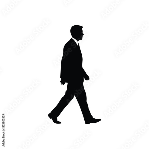 Silhouette of a businessman in a suit walking forward, isolated on a white background, representing career progression and corporate movement.