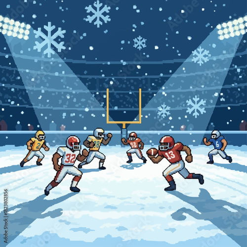 Pixel art illustration of a snowy American football game played under stadium lights with players in action and snowflakes falling