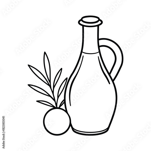 Green glass bottle of olive oil and fresh olives