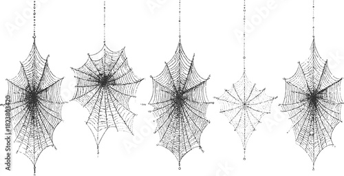 Five detailed black and white ink drawings of spider webs hanging with beaded strings silk thread