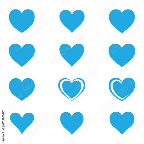 Set of twelve blue heart icons, symbolizing love, health, and positive emotions in various simple and outlined styles on white background