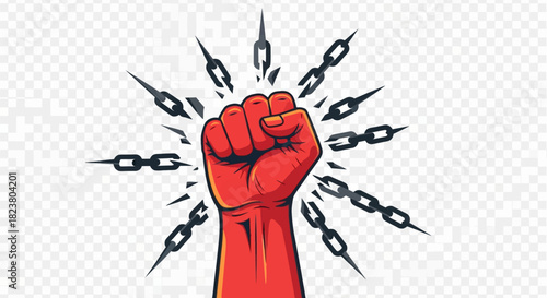 Empowered fist breaks chain, representing triumph over constraints and the strength of liberation