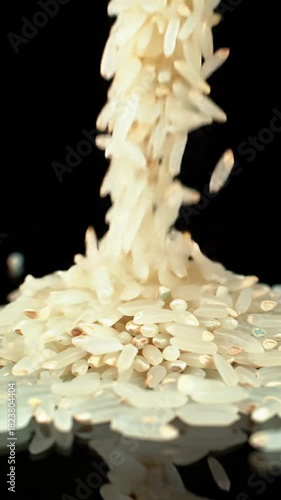Pristine pearlescent white rice grains tumbling in ultra-slow motion, accumulating into a perfect pile on a high-gloss black reflective background. Premium food video concept