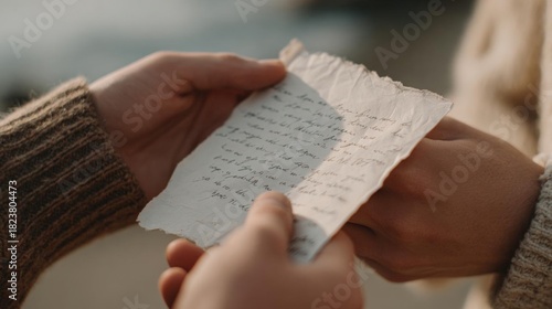 Pair of hands holding a piece of paper with handwriting on it. the paper appears to be old and worn, with some creases and wrinkles on the edges.