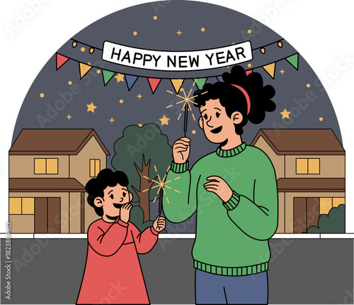 Holding sparklers on New Year illustration.