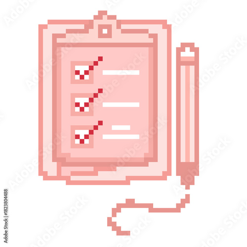 Clipboard checklist with pencil pixel art icon for filling out medical forms