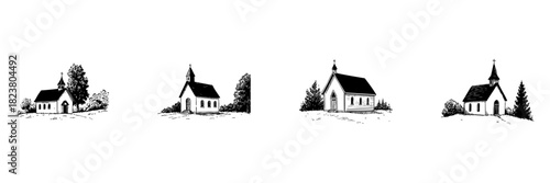 Charming Rural Churches Doodle Sketch Set. Traditional Countryside Chapels And Spiritual Retreats In Hand Drawn Style Collection. Serene And Idyllic Landscape. Hand Drawn Isolated Vector Illustration