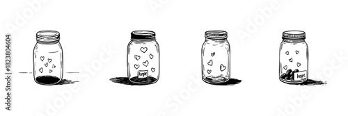 Mason Jars With Hearts And Hope Doodle Sketch Set. Symbolizing Love, Optimism, Positive Emotions In Hand Drawn Style Collection. Inspirational And Motivational Concept. Isolated Vector Illustration