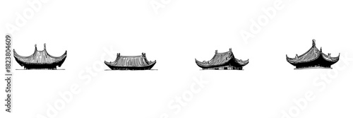 Traditional Asian Roof Designs Doodle Sketch Set. Architectural Heritage And Cultural Symbolism In Hand Drawn Style Collection. Intricate Roof Structures. Isolated Vector Illustration