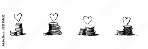 Stacks Of Coins With Heart Doodle Sketch Set. Financial Growth, Wealth Accumulation, And Emotional Investment In Hand Drawn Style Collection. Love And Money. Isolated Vector Illustration
