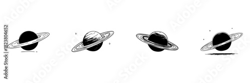 Saturn Planet With Rings Doodle Sketch Set. Celestial Body And Astronomy Exploration In Hand Drawn Style Collection. Space Science And Cosmic Illustration. Isolated Vector Illustration