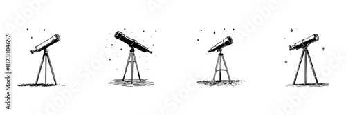 Telescopes Under Starry Sky Doodle Sketch Set. Astronomy Exploration And Stargazing In Hand Drawn Style Collection. Celestial Observation And Space Study. Hand Drawn Isolated Vector Illustration