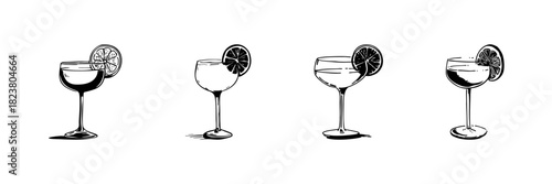 Cocktail Glasses With Citrus Garnish Doodle Sketch Set. Refreshing Beverage And Mixology Art In Hand Drawn Style Collection. Elegant Drink Presentation. Isolated Vector Illustration