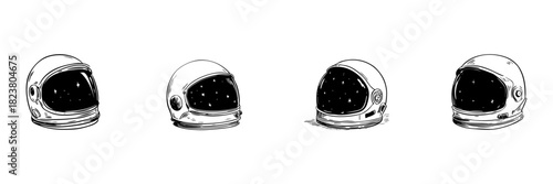 Astronaut Helmet Doodle Sketch Set. Space Exploration And Cosmic Adventure In Hand Drawn Style Collection. Celestial Theme With Starry Reflections. Isolated Vector Illustration