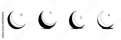 Crescent Moon And Star Doodle Sketch Set. Nighttime Symbolism And Celestial Themes In Hand Drawn Style Collection. Lunar Phases And Astrology Concepts. Isolated Vector Illustration