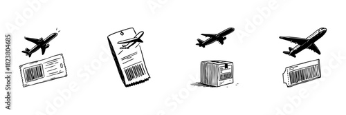 Airplane And Barcode Doodle Sketch Set. Air Travel, Shipping, And Logistics In Hand Drawn Style Collection. Aviation And Package Delivery Concepts. Hand Drawn Isolated Vector Illustration
