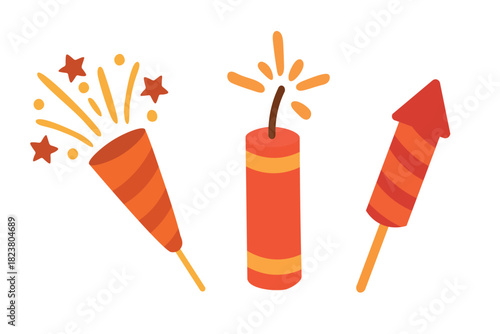 Festive firecrackers and small fireworks illustrated in warm flat style for celebration and cultural holiday themes.