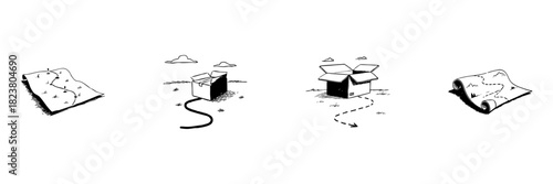 Open Box And Map Doodle Sketch Set. Exploration, Adventure, And Discovery Journey In Hand Drawn Style Collection. Navigation And Unpacking Concept. Hand Drawn Isolated Vector Illustration