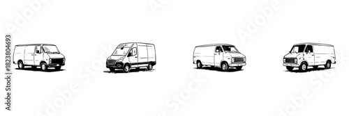Vintage Delivery Vans Doodle Sketch Set. Retro Transportation And Logistics Vehicles In Hand Drawn Style Collection. Classic Cargo Van Illustrations. Isolated Vector Illustration
