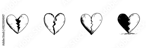 Broken Heart Doodle Sketch Set. Emotional Pain, Heartbreak, And Relationship Challenges In Hand Drawn Style Collection. Love And Loss Symbolism. Hand Drawn Isolated Vector Illustration